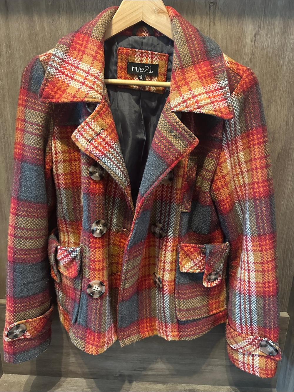 rue21 Red and Gray Plaid Peacoat